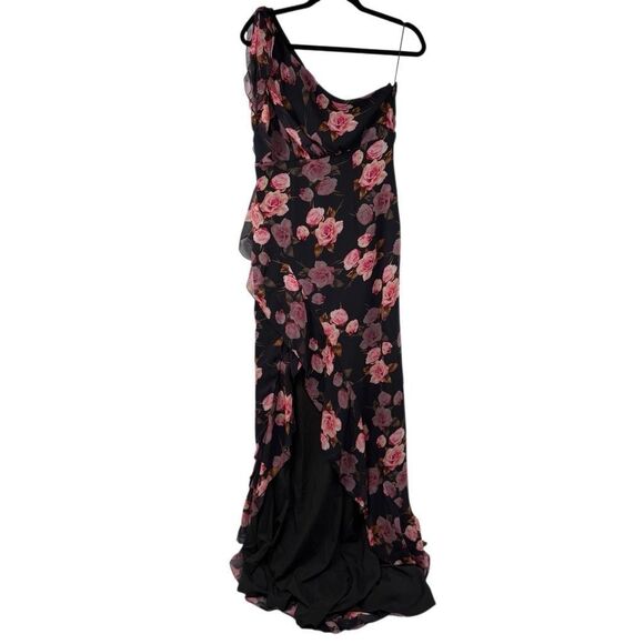 Double‎ Crazy Black Pink Rose One Shoulder High Slit Sexy Cocktail Dress Sz L - Picture 1 of 12